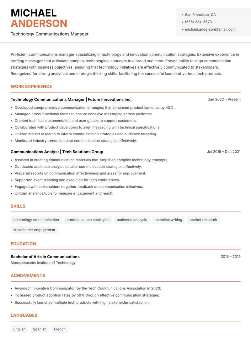 Communications Manager resume sample — Technology Communications Manager focus