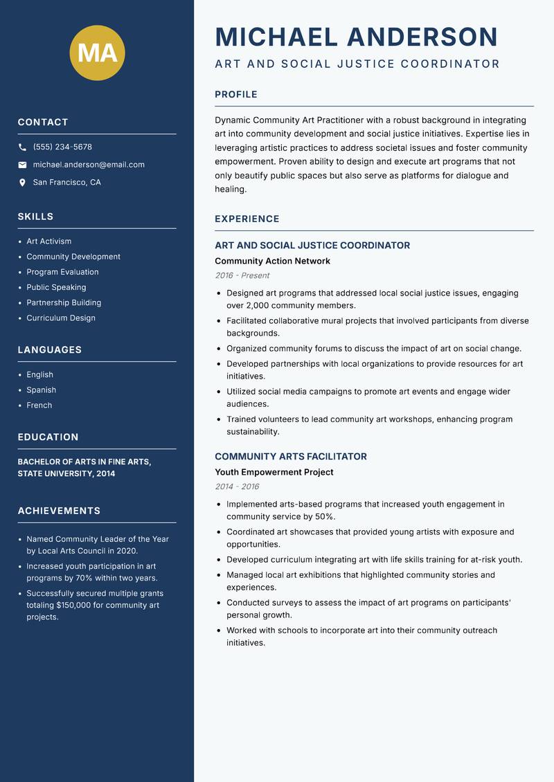 Community Art Practitioner resume sample — Art and Social Justice Coordinator focus