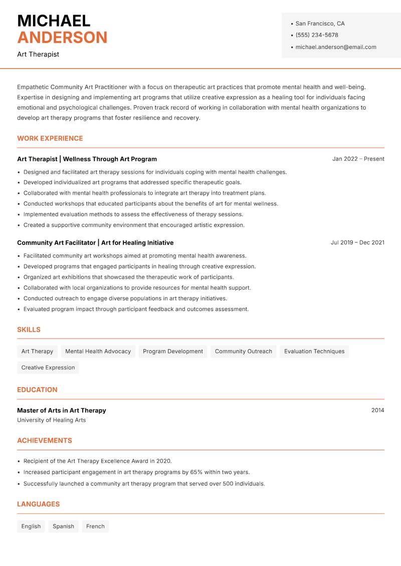 Community Art Practitioner resume sample — Art Therapist focus