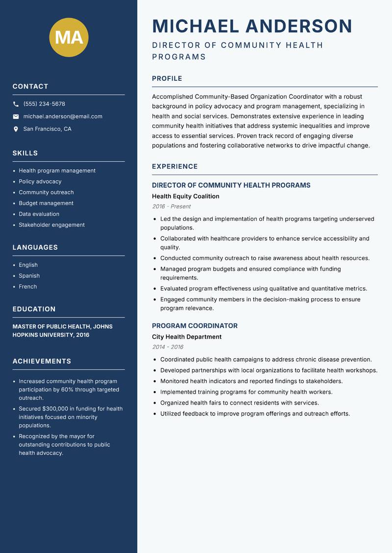 Community-Based Organization Coordinator resume sample — Director of Community Health Programs focus