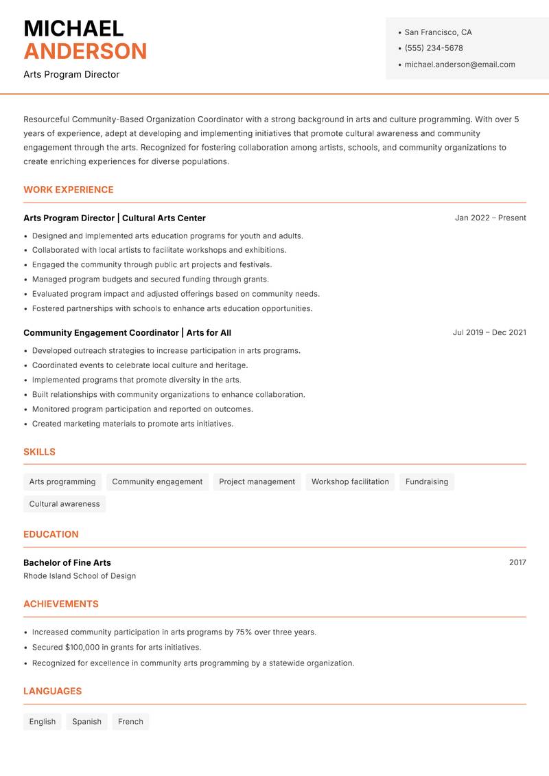 Community-Based Organization Coordinator resume sample — Arts Program Director focus