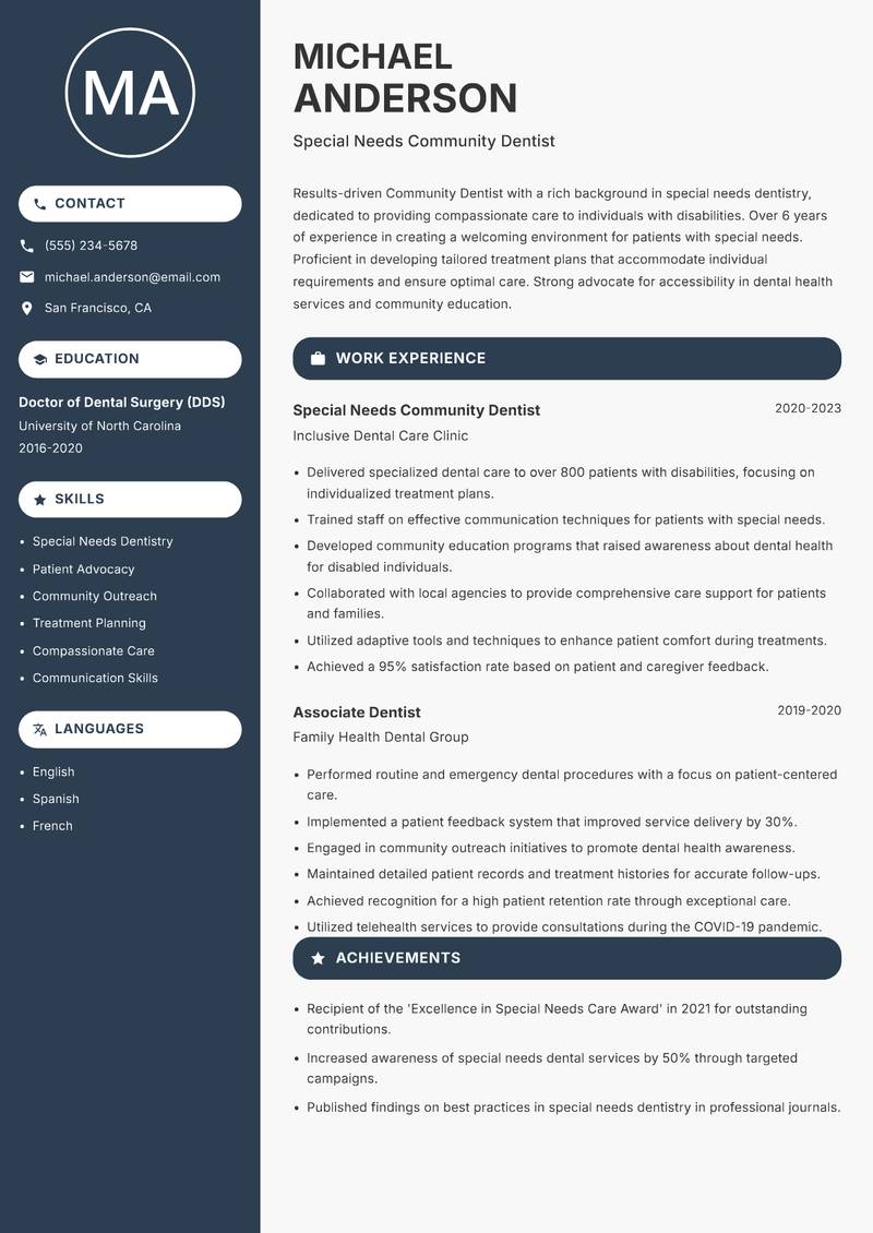 Community Dentist resume sample — Special Needs Community Dentist focus
