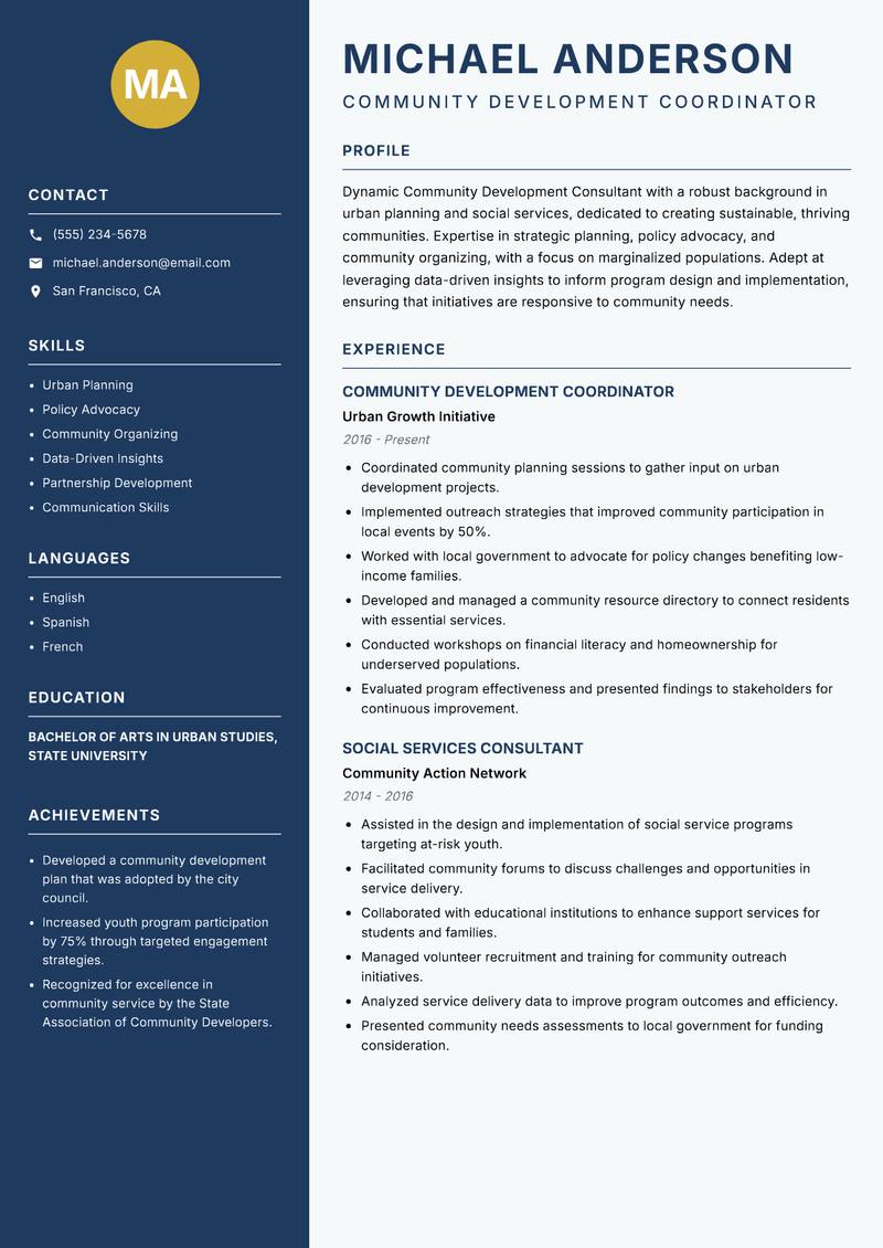 Community Development Consultant resume sample — Community Development Coordinator focus