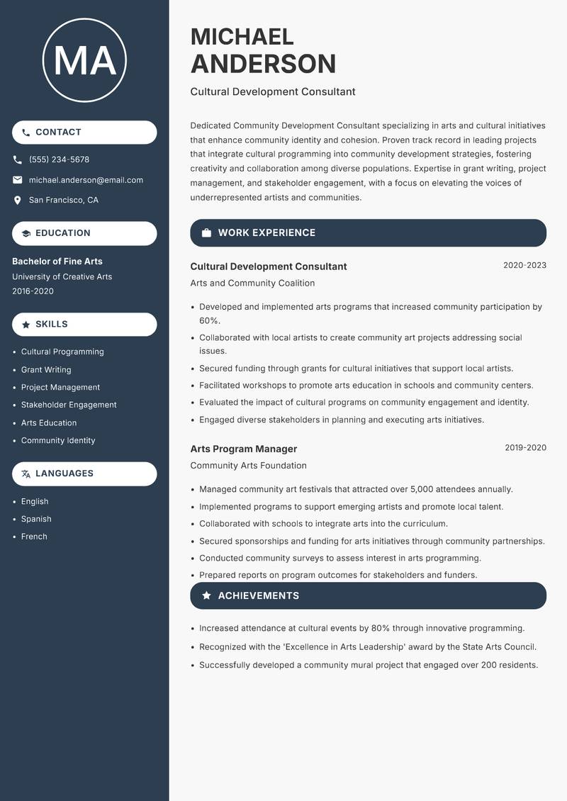 Community Development Consultant resume sample — Cultural Development Consultant focus