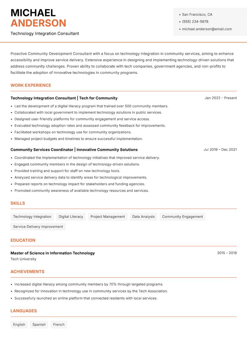 Community Development Consultant resume sample — Technology Integration Consultant focus