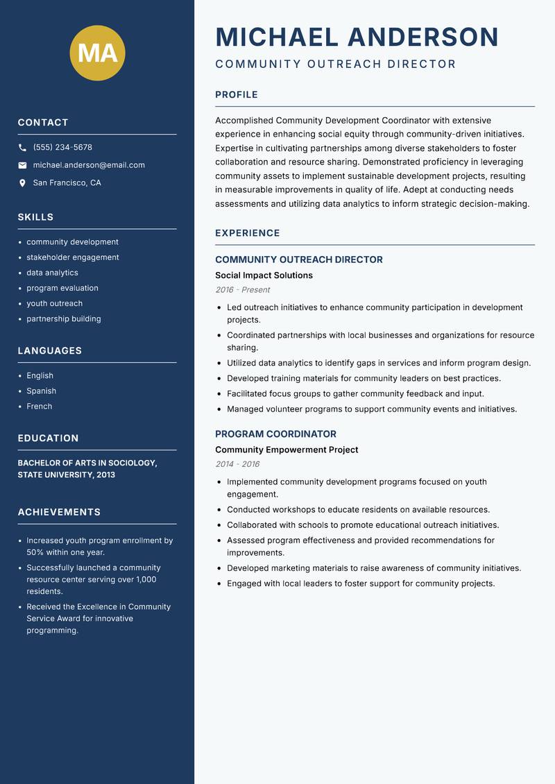 Community Development Coordinator resume sample — Community Outreach Director focus