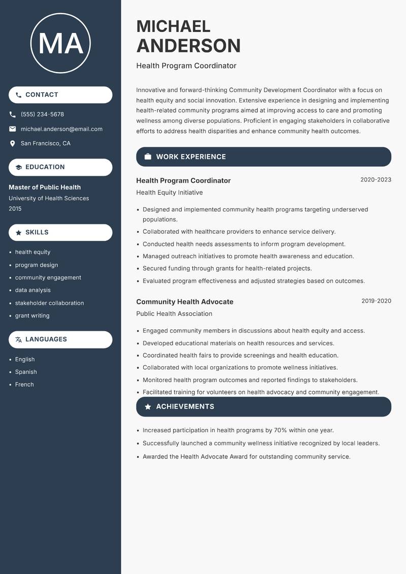 Community Development Coordinator resume sample — Health Program Coordinator focus