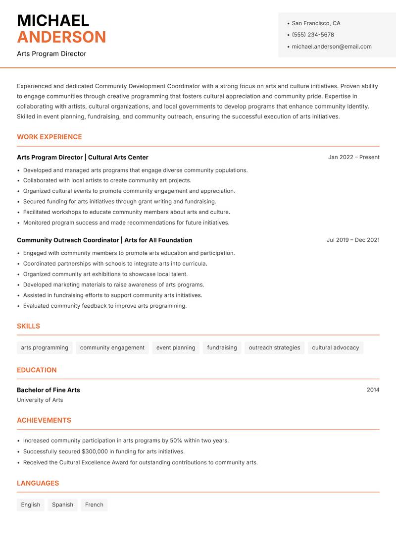 Community Development Coordinator resume sample — Arts Program Director focus