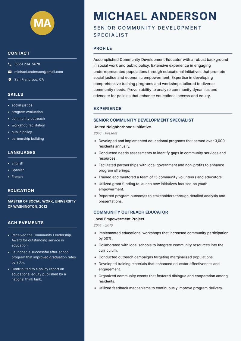 Community Development Educator resume sample — Senior Community Development Specialist focus