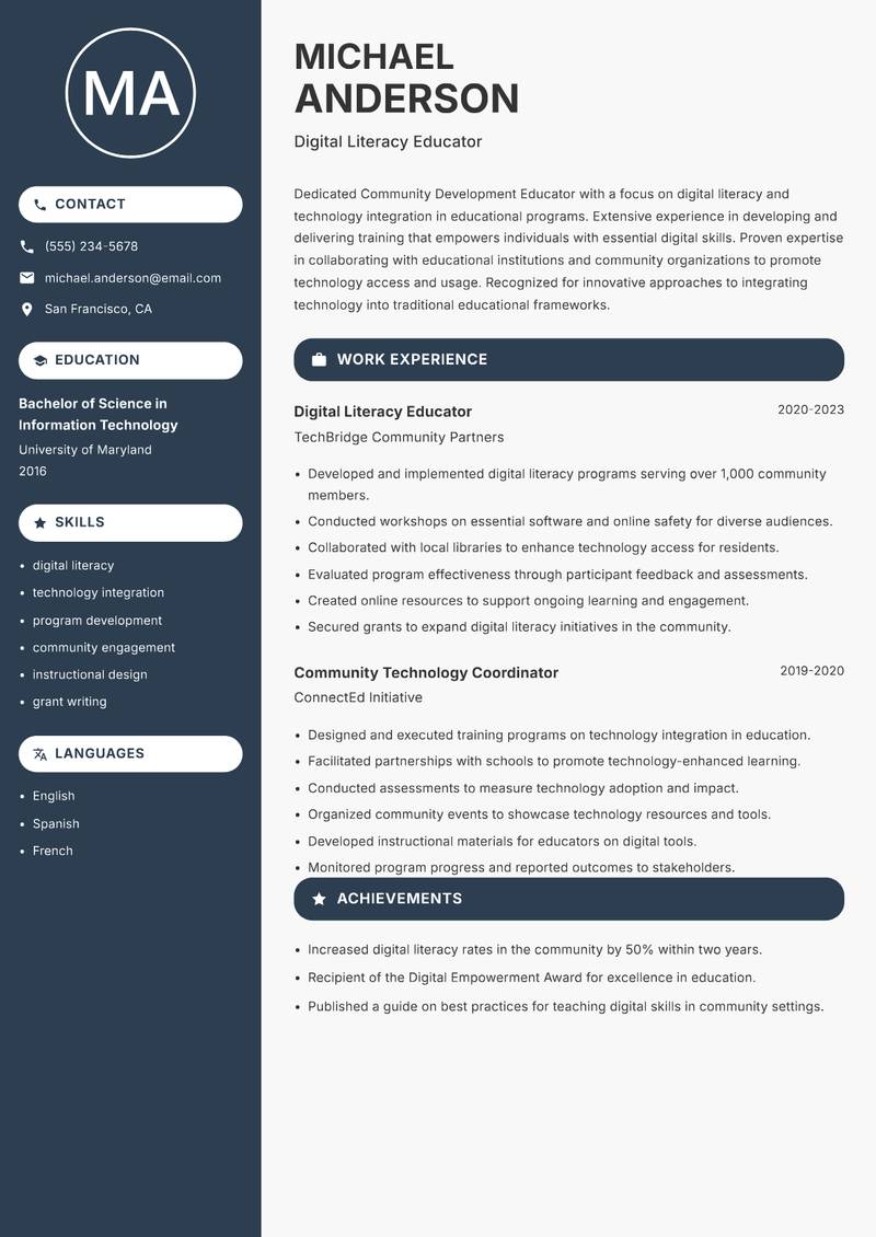 Community Development Educator resume sample — Digital Literacy Educator focus