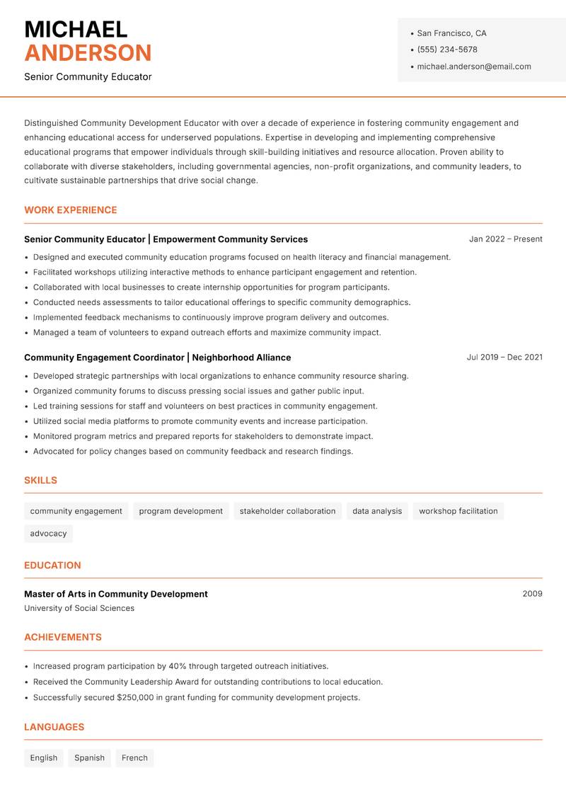 Community Development Educator resume sample — Senior Community Educator focus