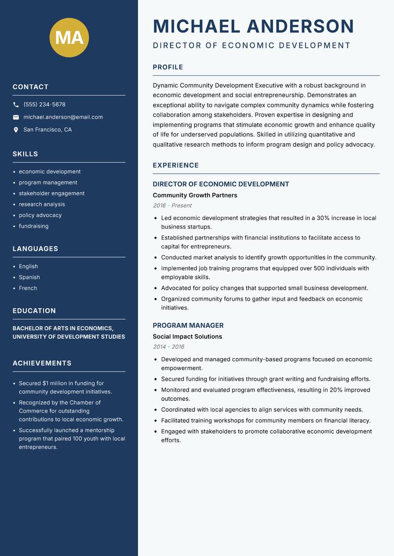 Community Development Executive resume sample — Director of Economic Development focus