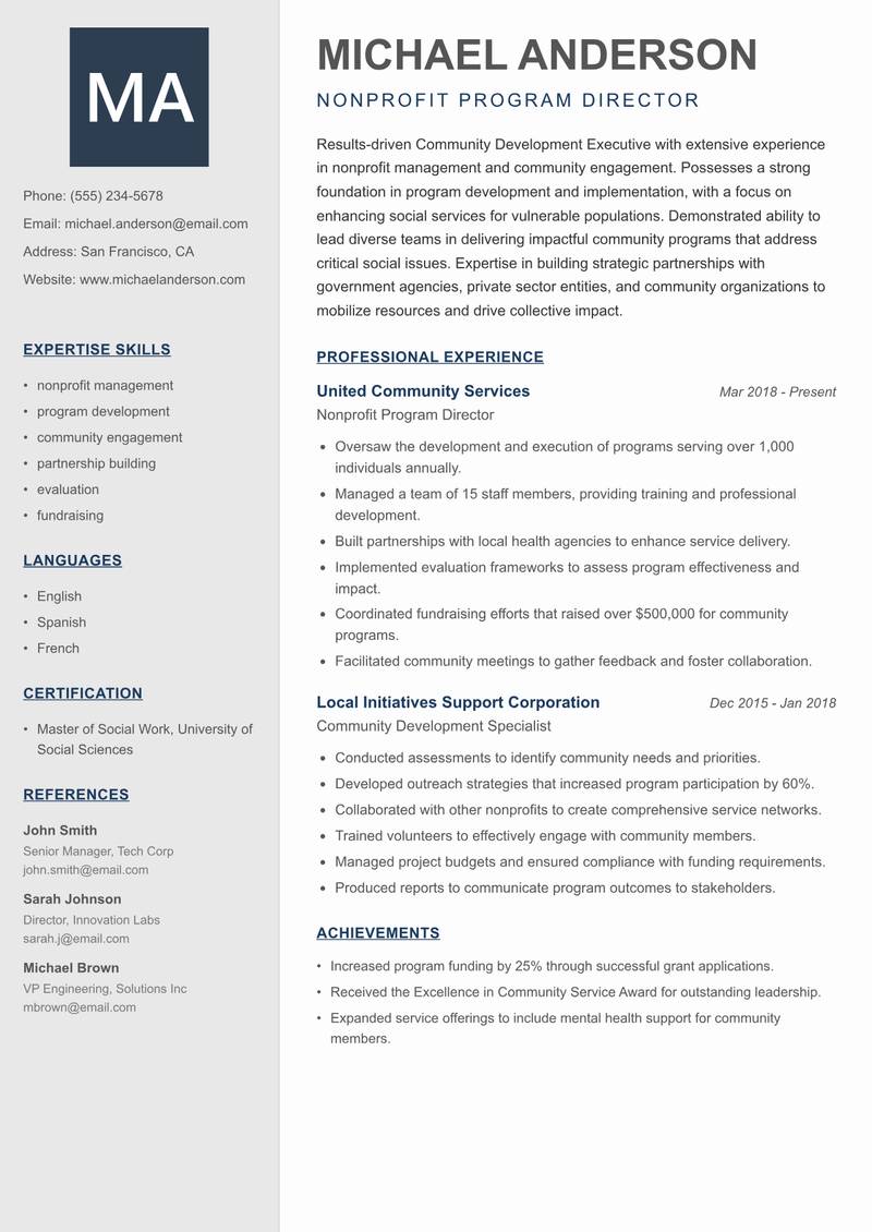 Community Development Executive resume sample — Nonprofit Program Director focus