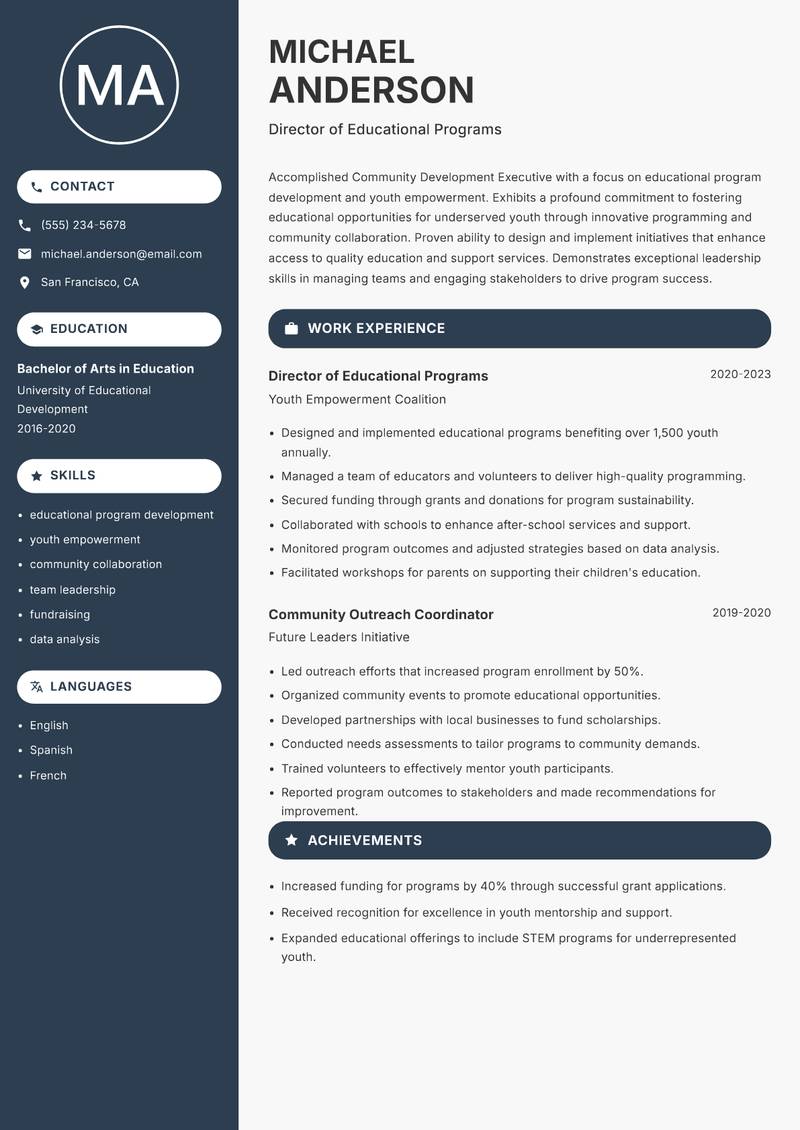 Community Development Executive resume sample — Director of Educational Programs focus