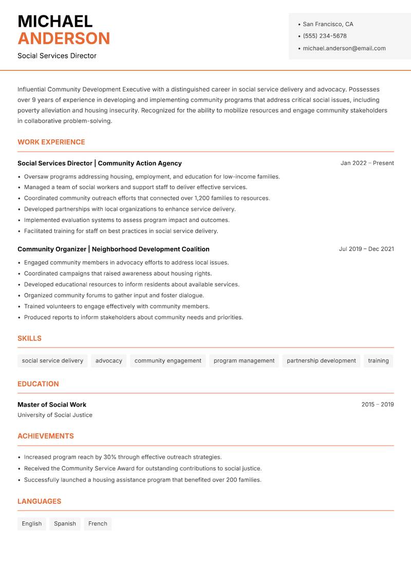 Community Development Executive resume sample — Social Services Director focus