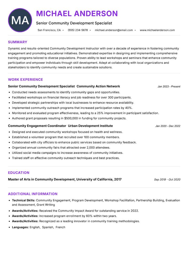 Community Development Instructor resume example