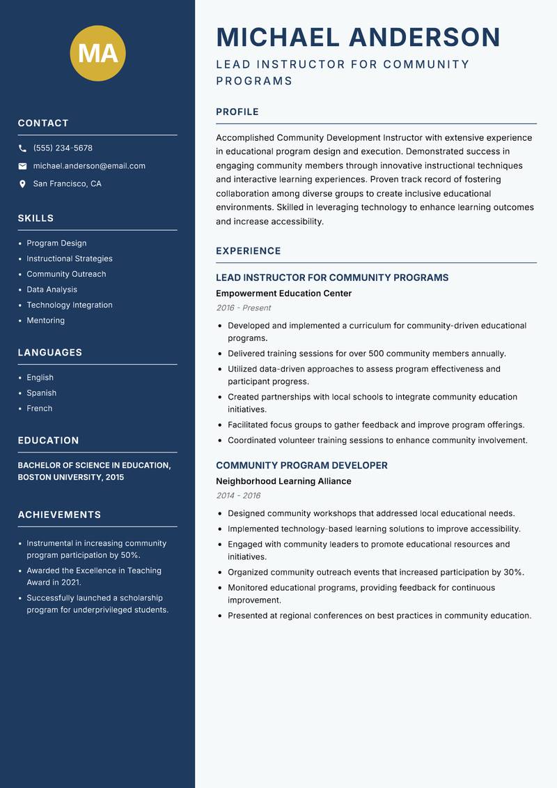 Community Development Instructor resume sample — Lead Instructor for Community Programs focus
