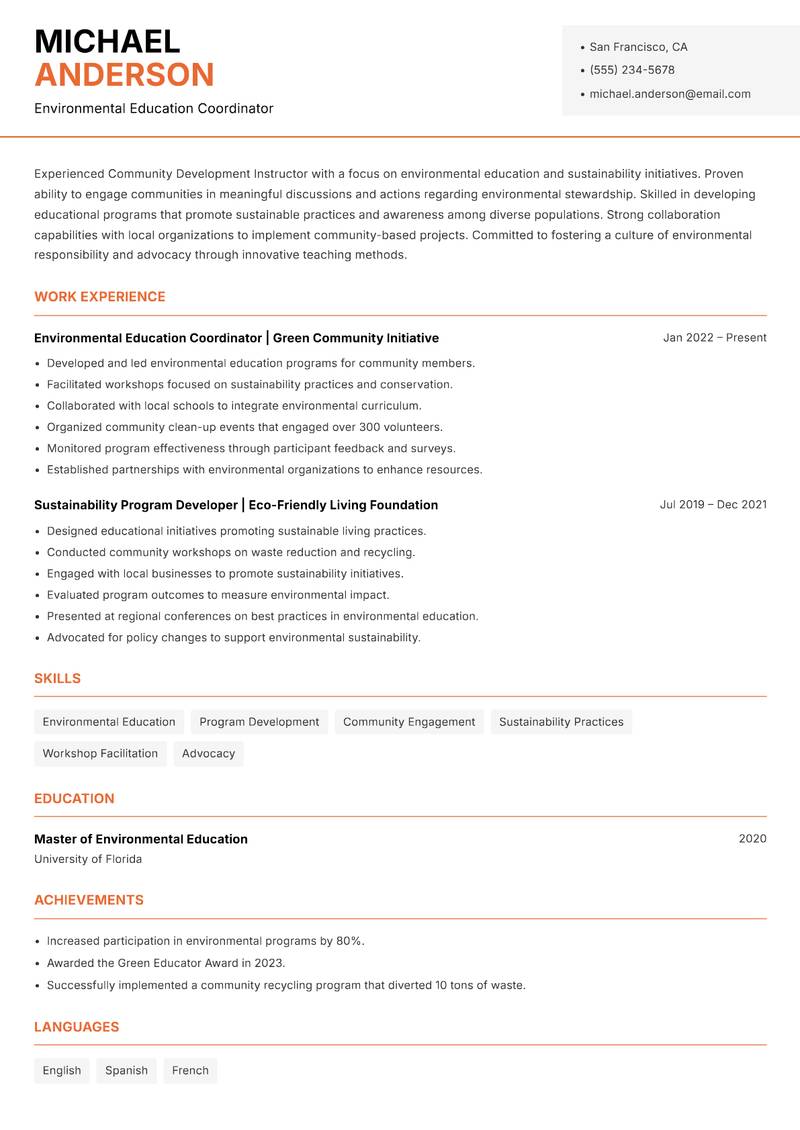 Community Development Instructor resume sample — Environmental Education Coordinator focus