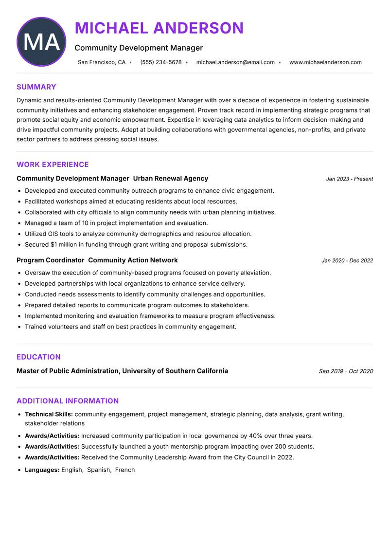 Community Development Manager resume example