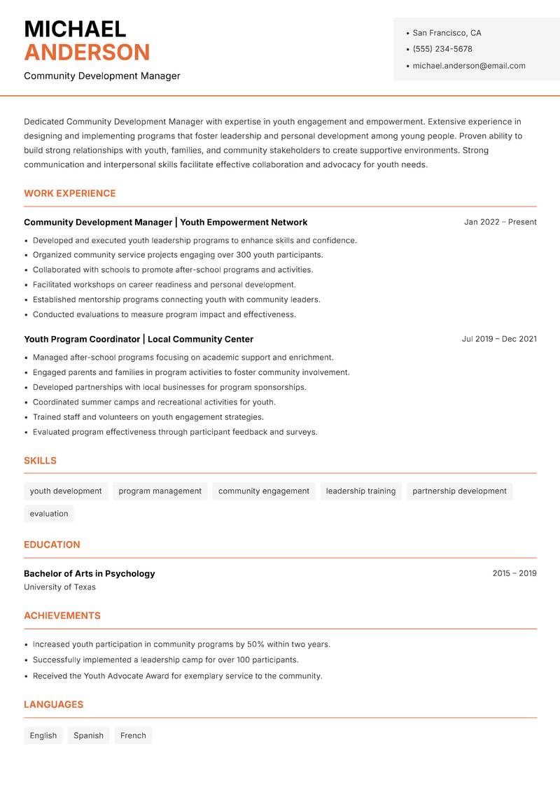 Community Development Manager resume sample — Community Development Manager focus