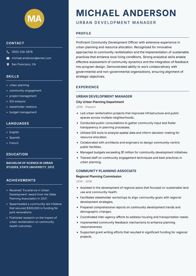 Community Development Officer resume sample — Urban Development Manager focus
