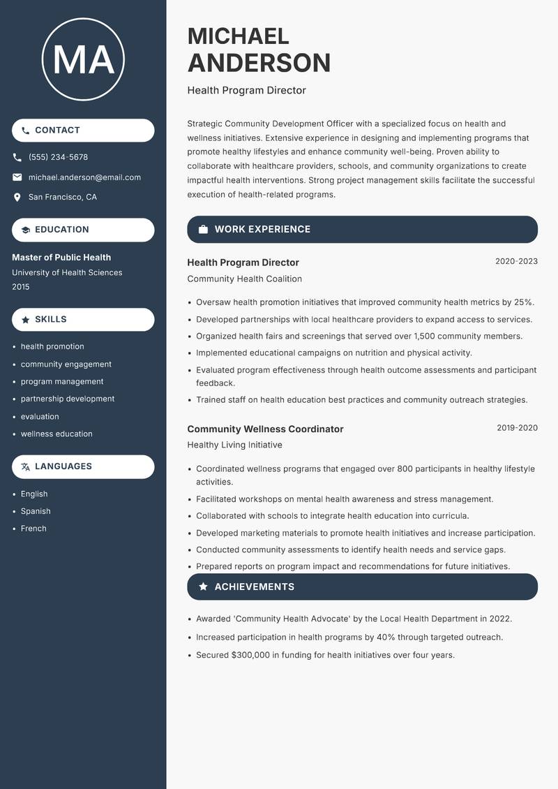 Community Development Officer resume sample — Health Program Director focus