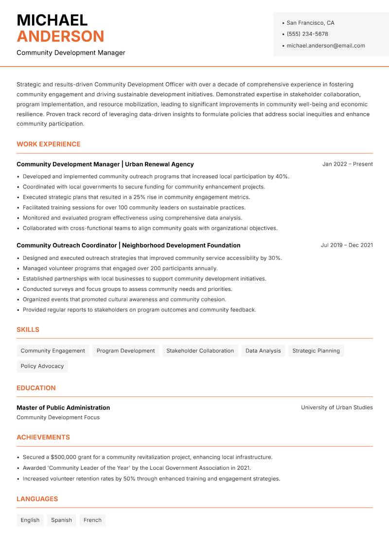 Community Development Officer resume sample — Community Development Manager focus