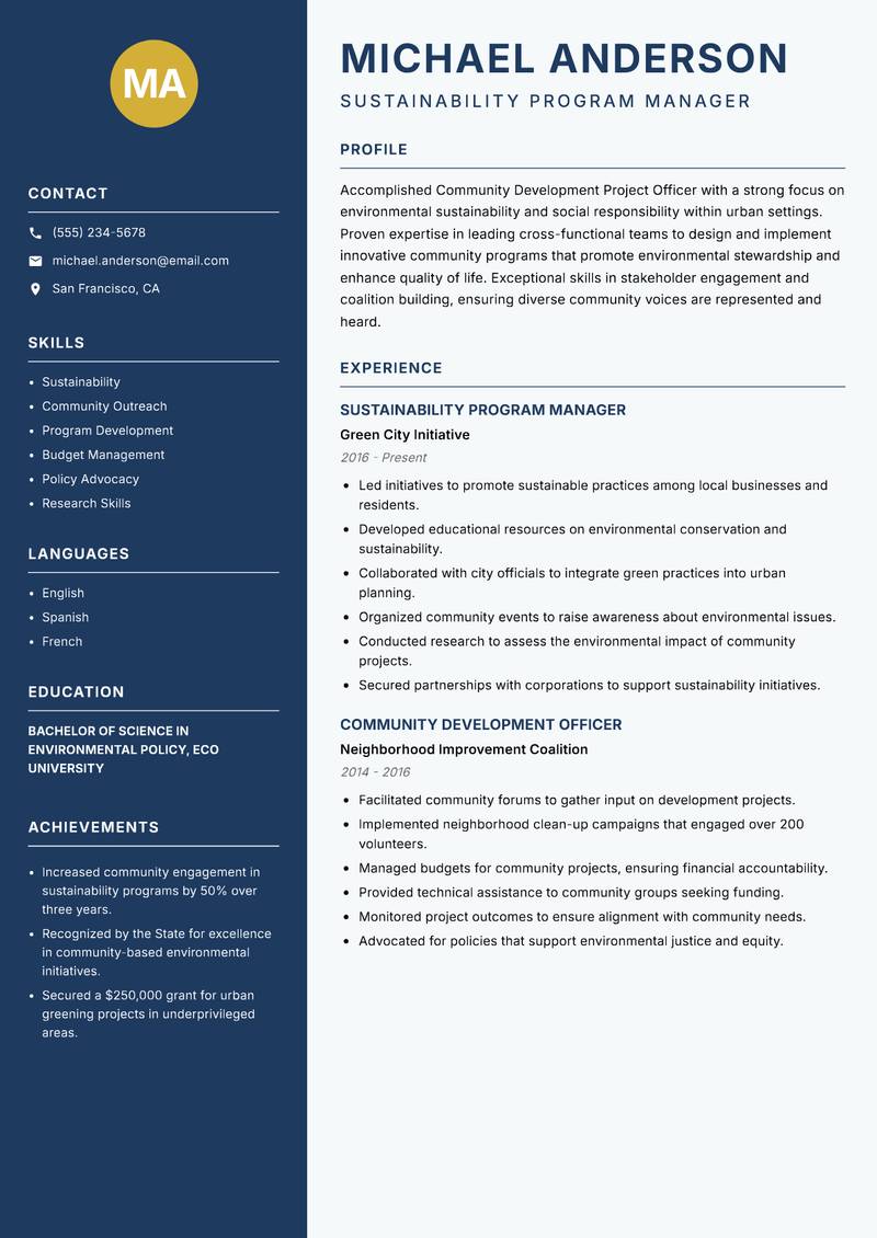 Community Development Project Officer resume sample — Sustainability Program Manager focus
