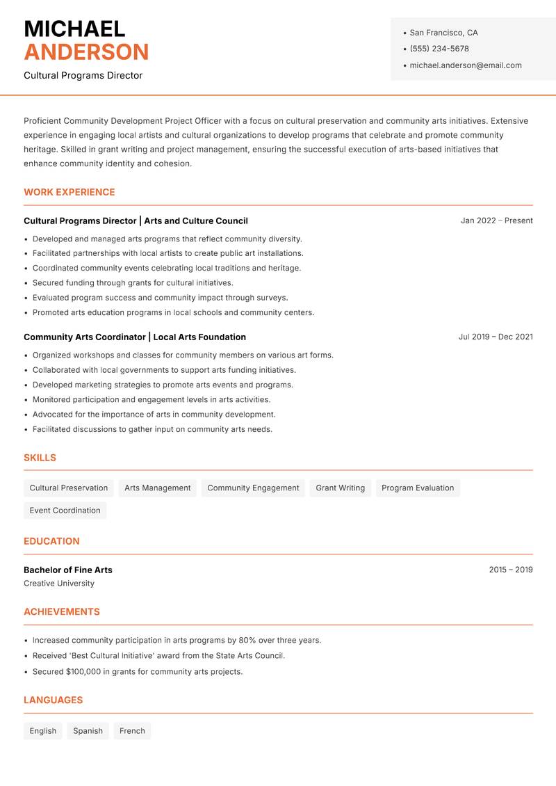Community Development Project Officer resume sample — Cultural Programs Director focus