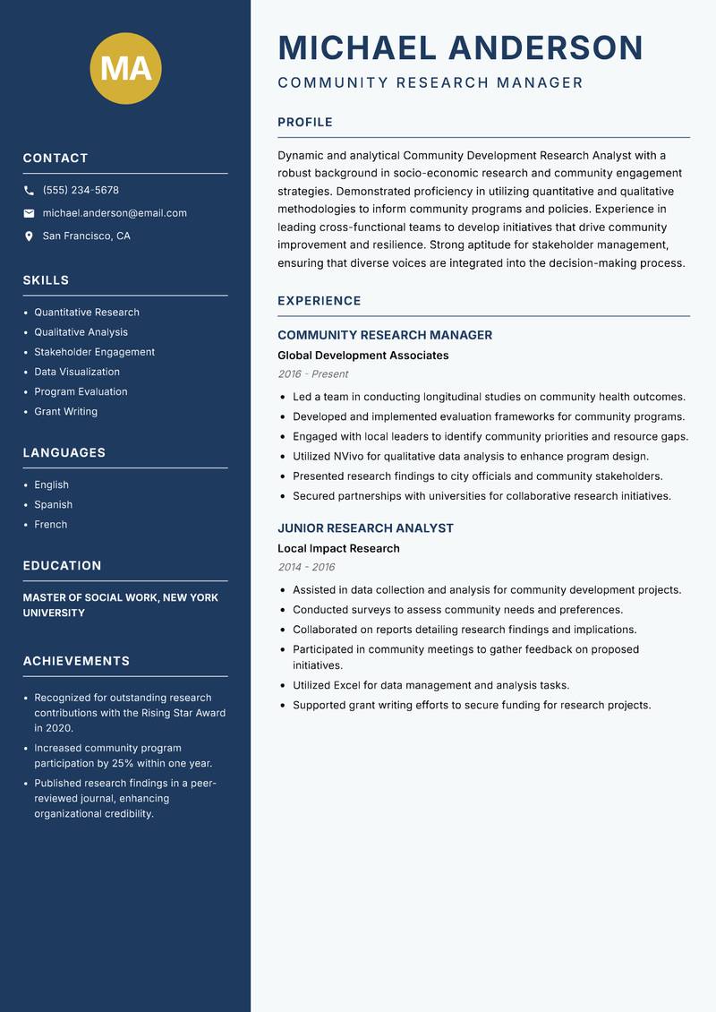 Community Development Research Analyst resume sample — Community Research Manager focus
