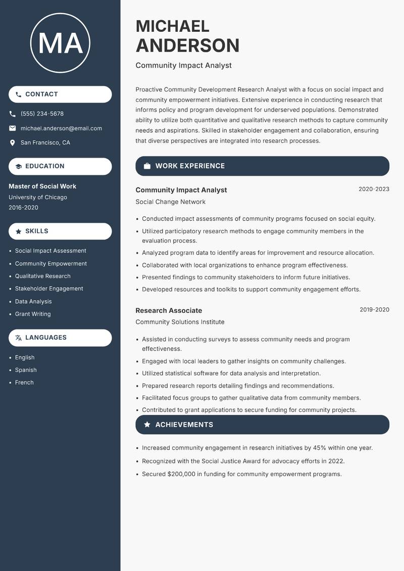 Community Development Research Analyst resume sample — Community Impact Analyst focus