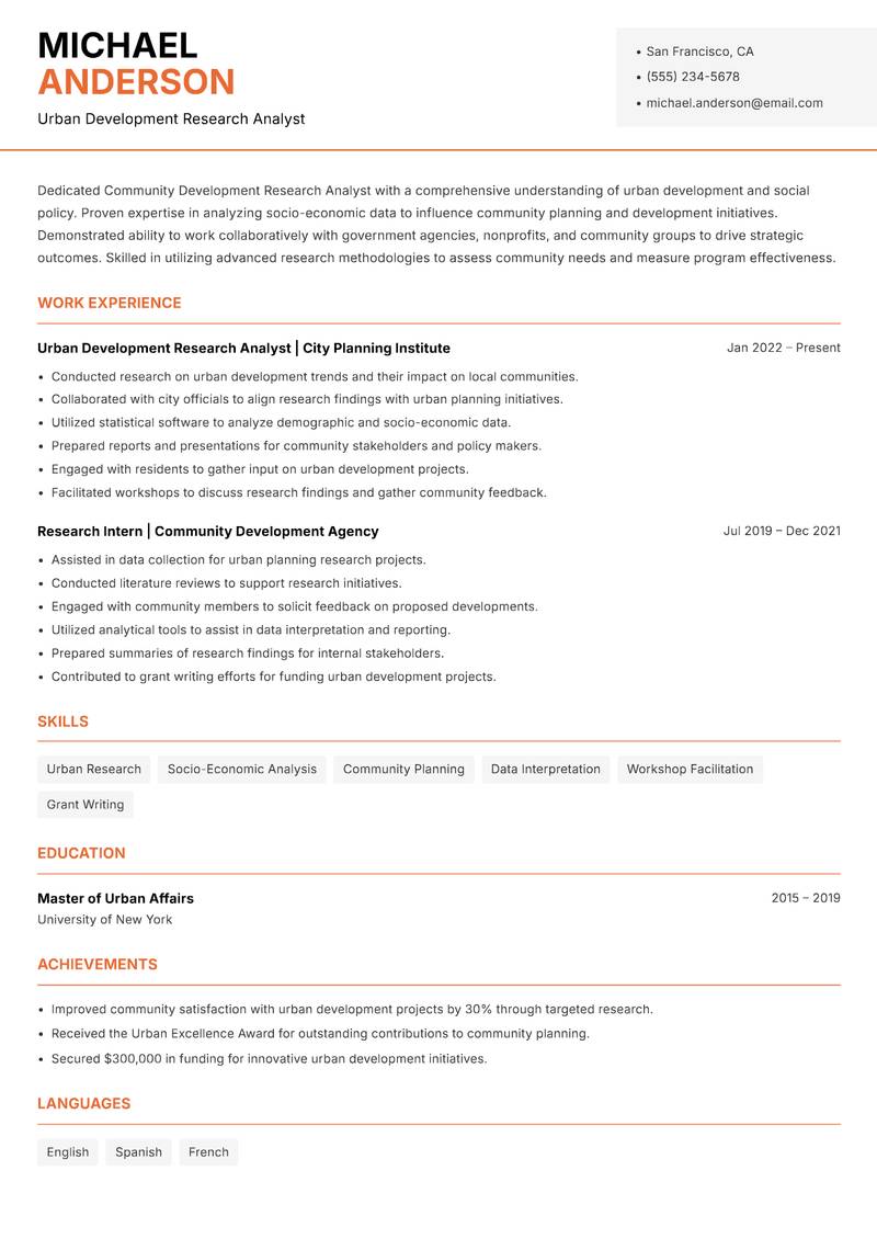Community Development Research Analyst resume sample — Urban Development Research Analyst focus