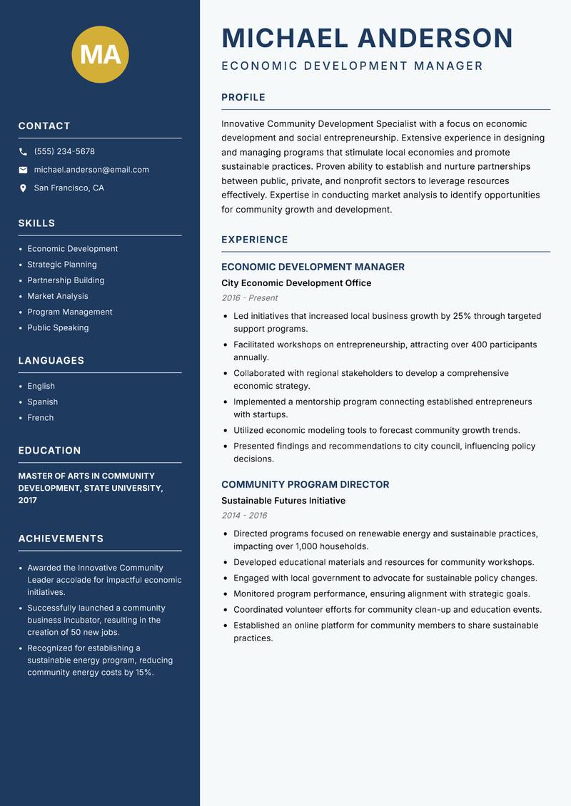 Community Development Specialist resume sample — Economic Development Manager focus