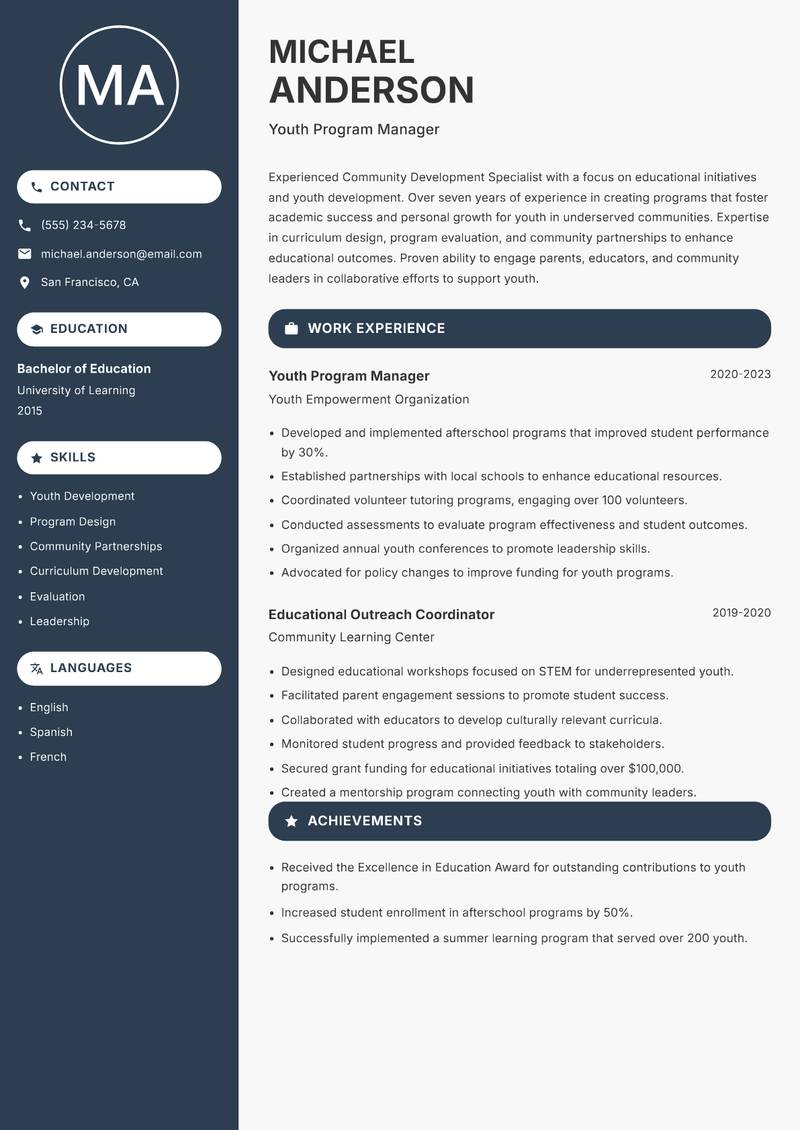 Community Development Specialist resume sample — Youth Program Manager focus