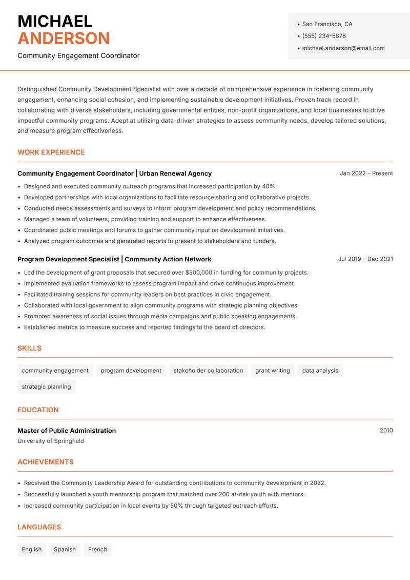 Community Development Specialist resume sample — Community Engagement Coordinator focus