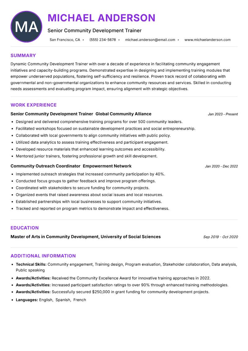 Community Development Trainer resume example