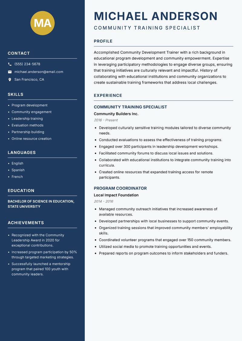 Community Development Trainer resume sample — Community Training Specialist focus