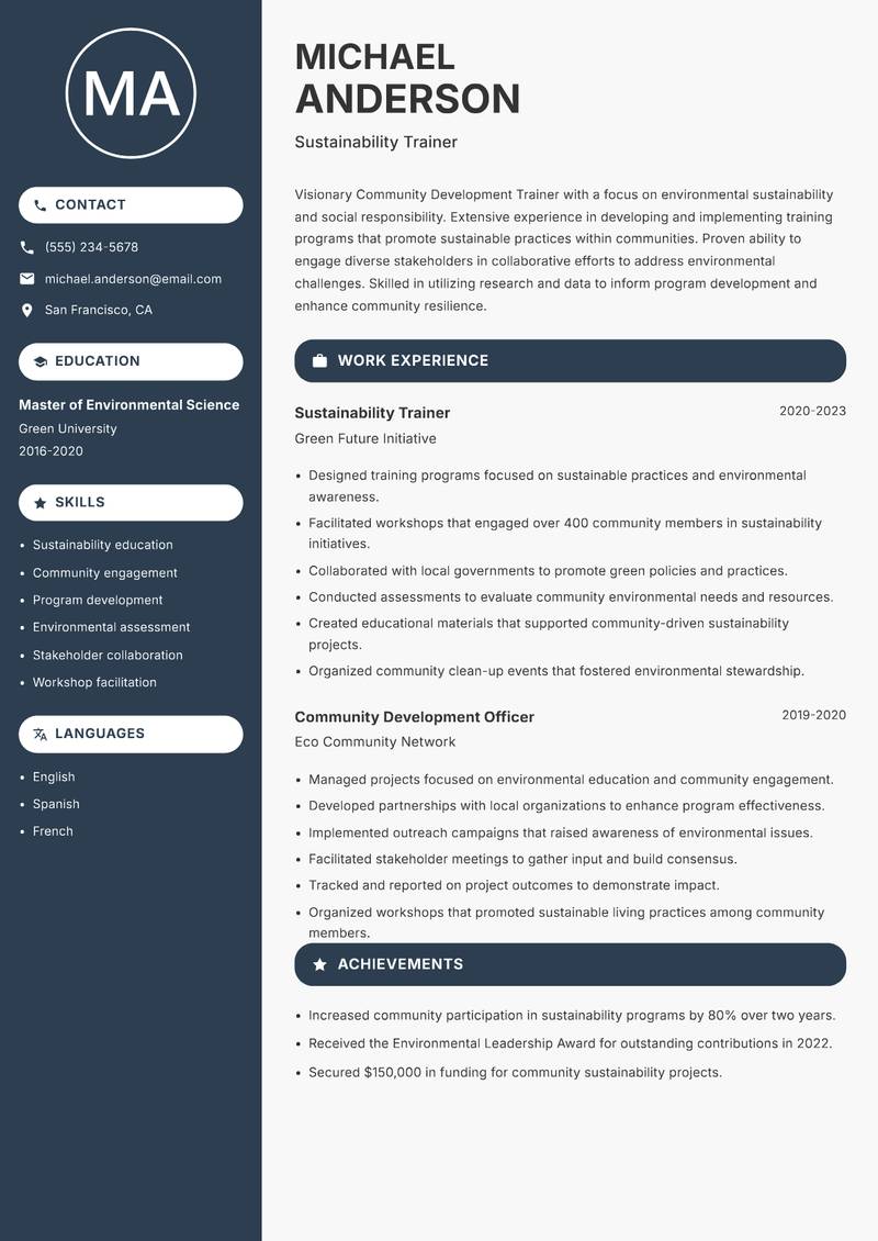 Community Development Trainer resume sample — Sustainability Trainer focus
