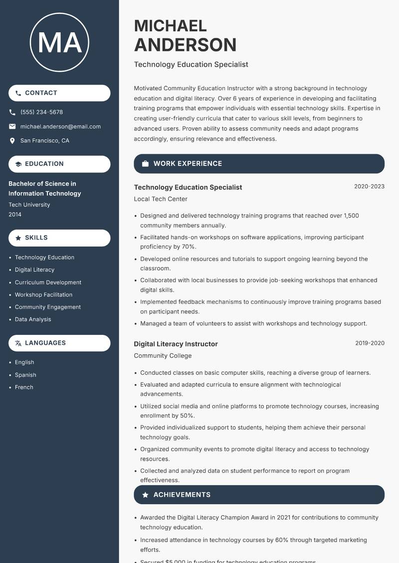 Community Education Instructor resume sample — Technology Education Specialist focus