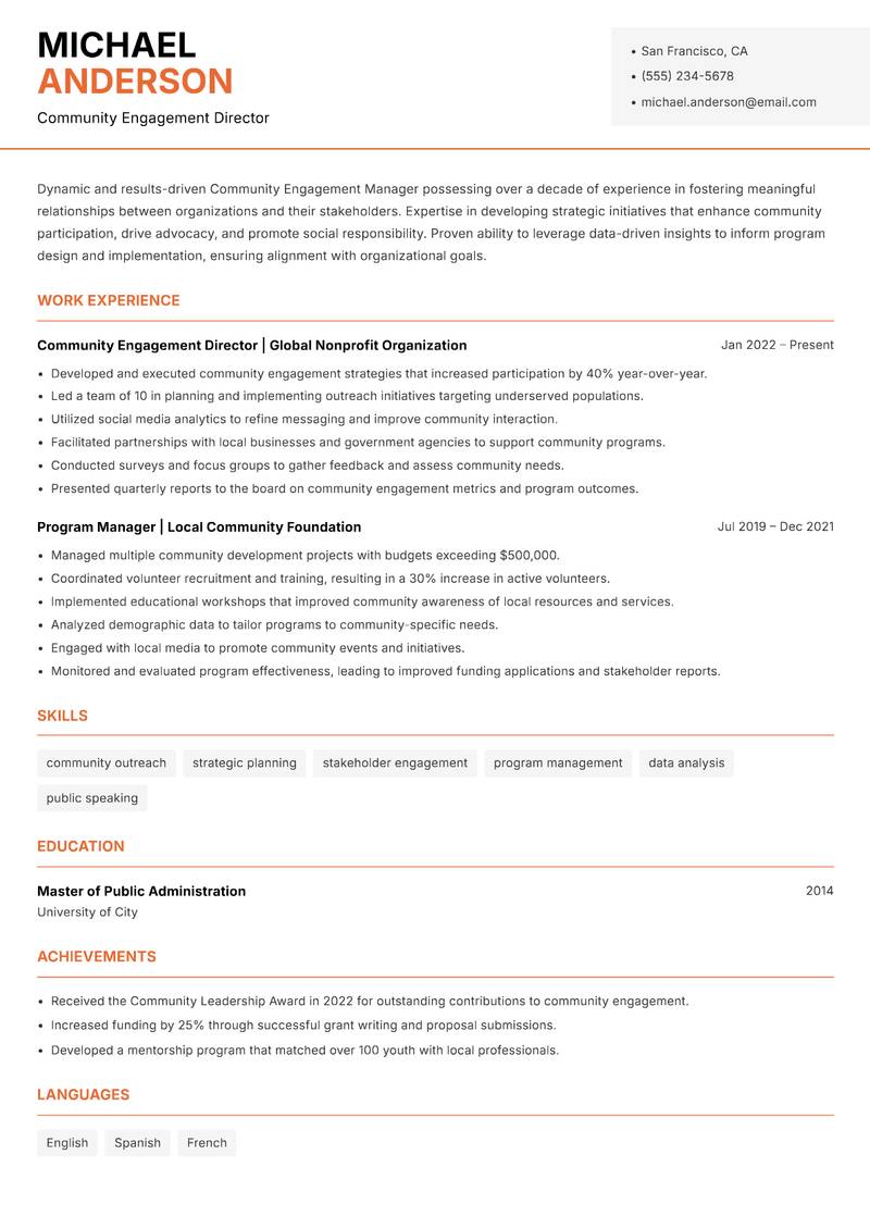Community Engagement Manager resume sample — Community Engagement Director focus