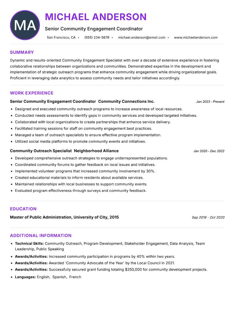 Community Engagement Specialist resume example