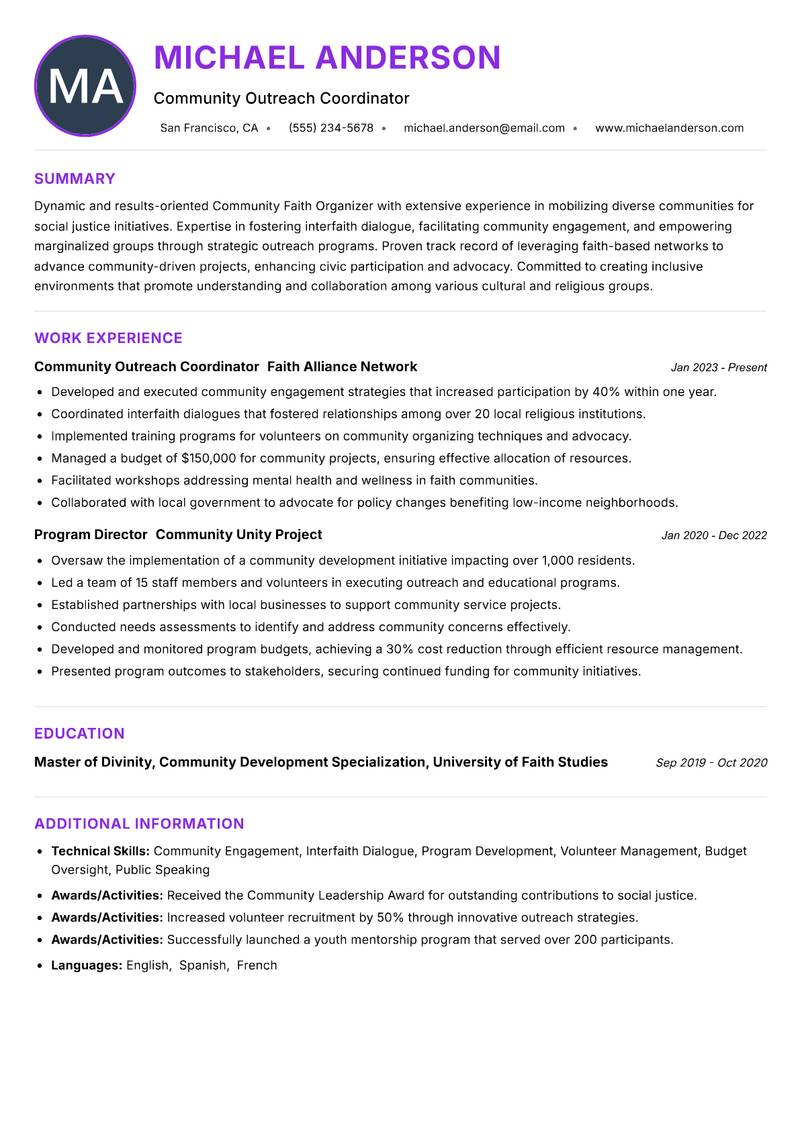 Community Faith Organizer resume example