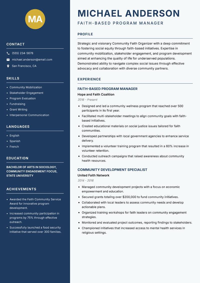 Community Faith Organizer resume sample — Faith-Based Program Manager focus