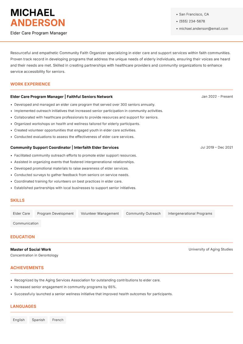 Community Faith Organizer resume sample — Elder Care Program Manager focus