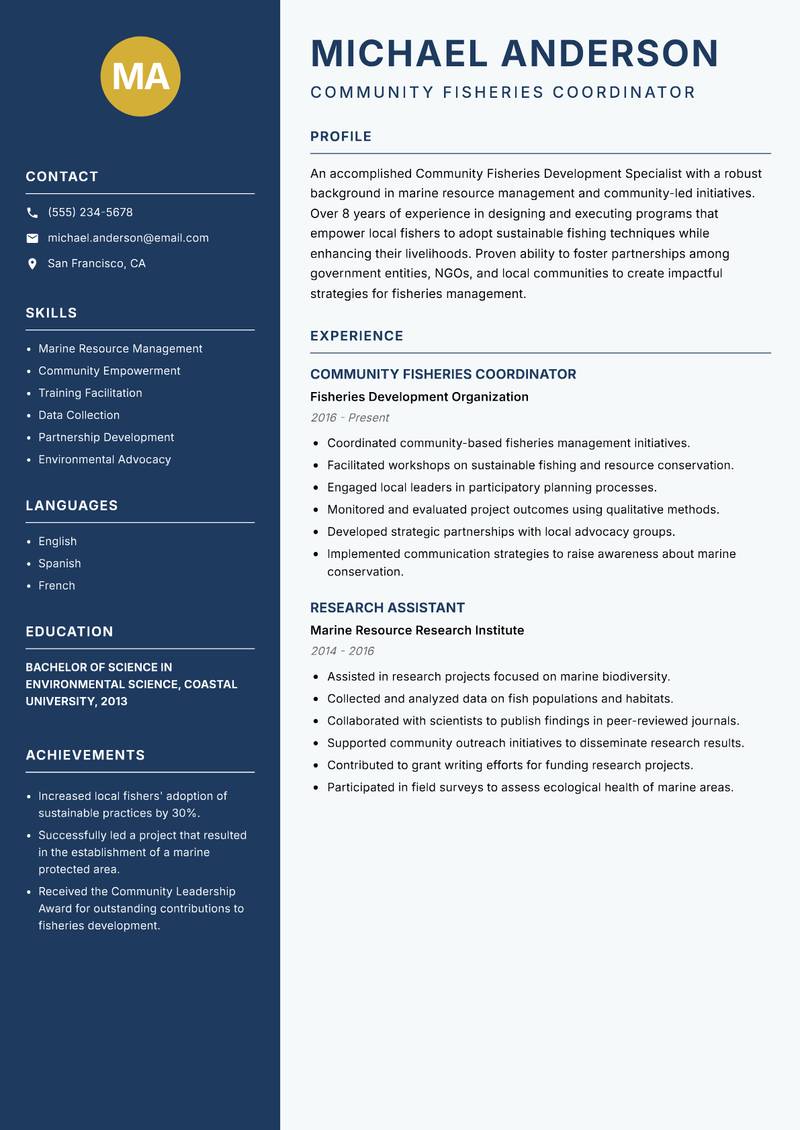 Community Fisheries Development Specialist resume sample — Community Fisheries Coordinator focus