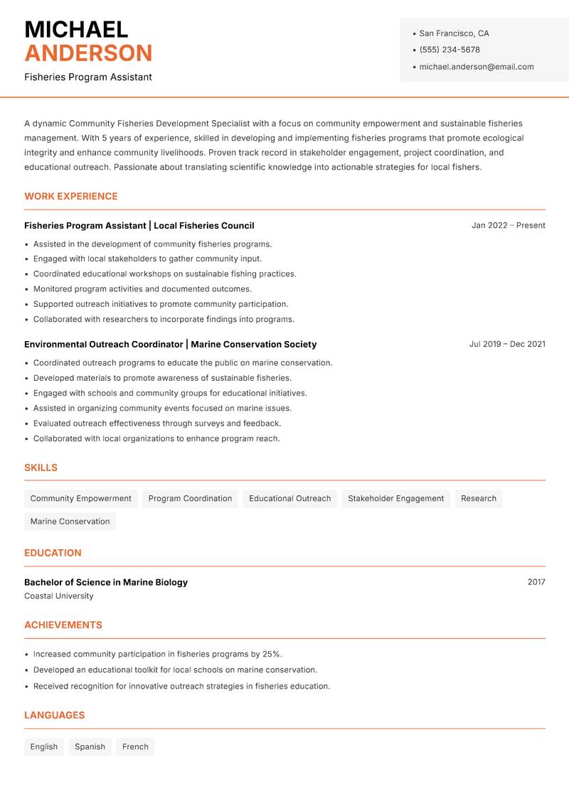 Community Fisheries Development Specialist resume sample — Fisheries Program Assistant focus