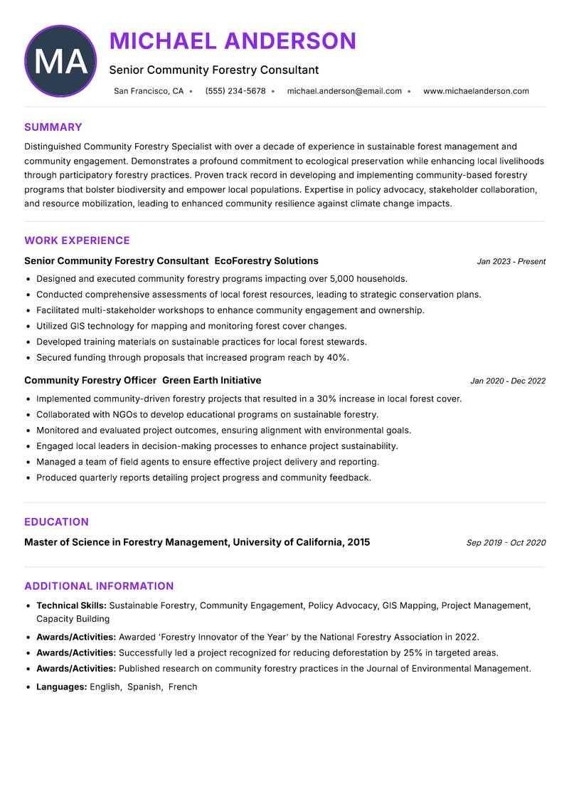 Community Forestry Specialist resume example