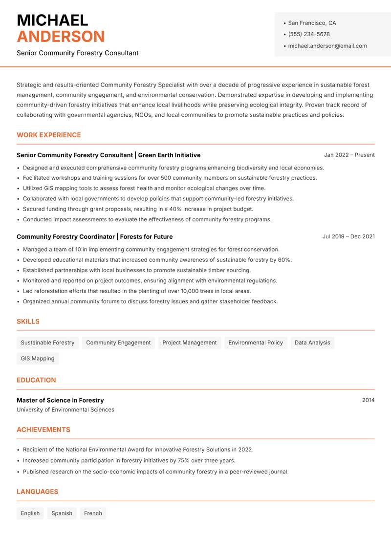 Community Forestry Specialist resume sample — Senior Community Forestry Consultant focus