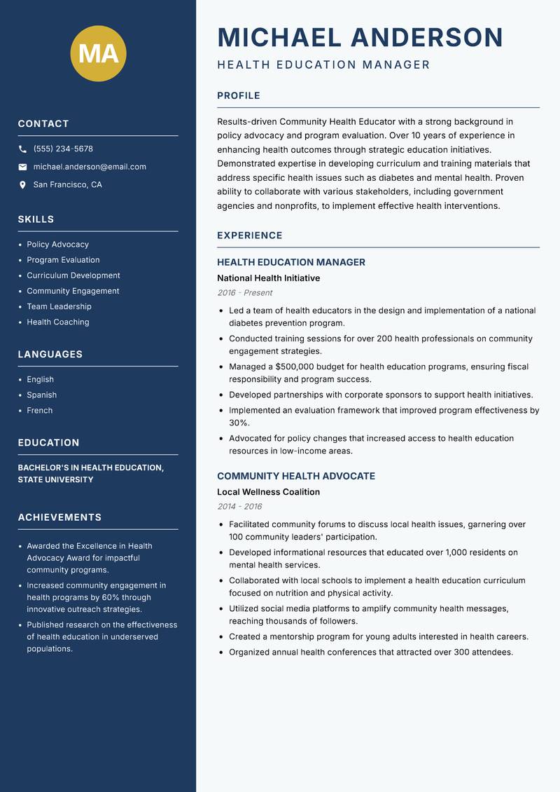 Community Health Educator resume sample — Health Education Manager focus