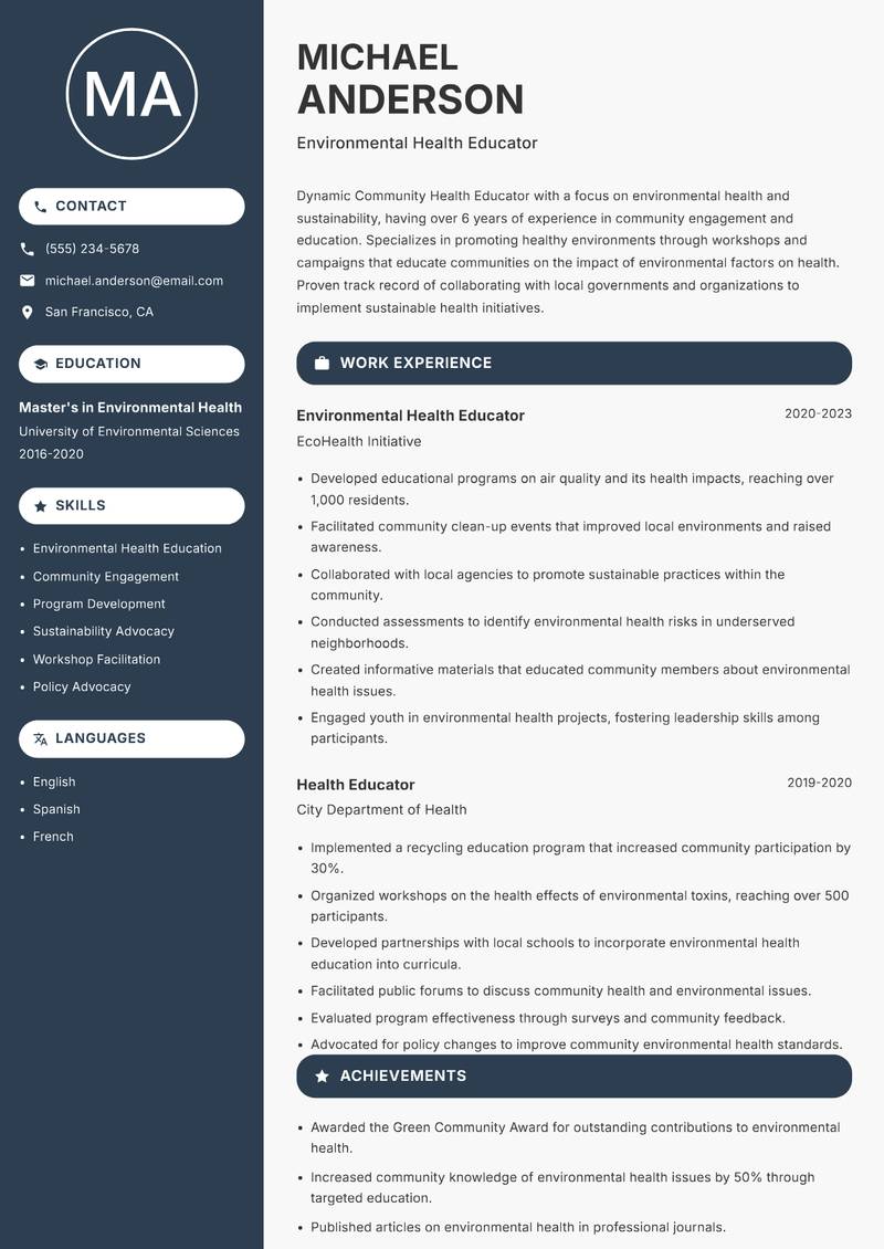 Community Health Educator resume sample — Environmental Health Educator focus